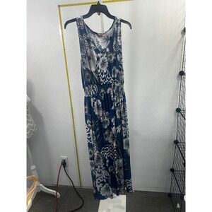 SJS Blue White Floral Sleeveless Maxi Dress Smocked Waist Womens Medium Boho